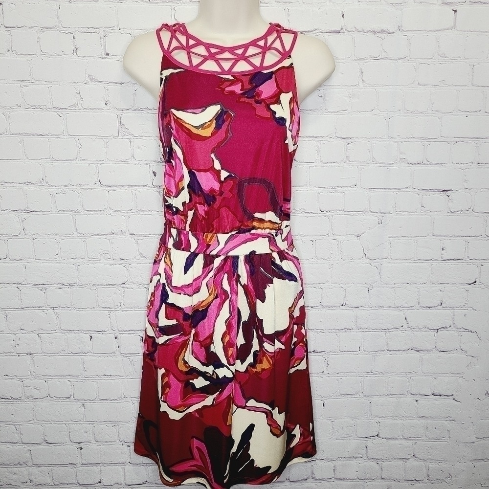 Antonio Melani Pink Floral Lattice Neck‎ Sleeveless Fit & Flare Dress 4 1190M432
